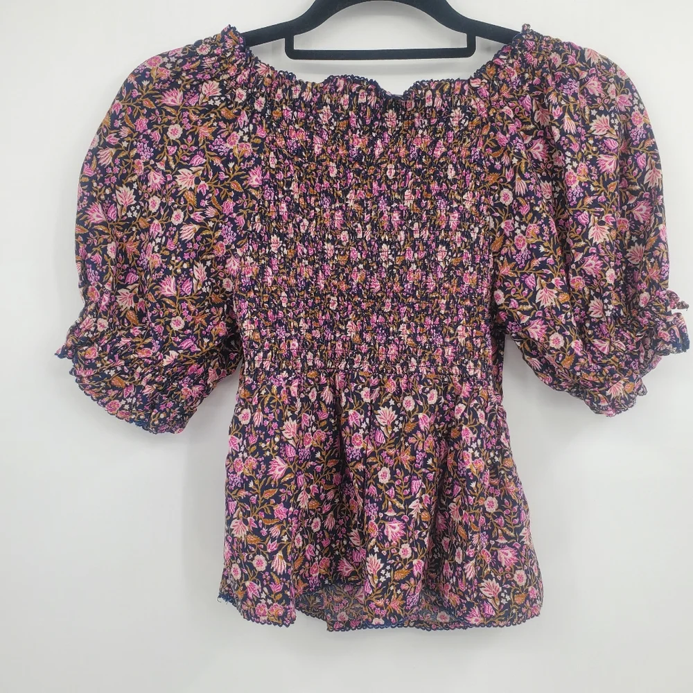 ♤♤ Old Navy Floral Puff Sleeve Peplum Top Size XS Pink Black